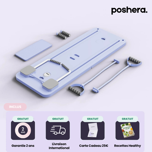 Machine de pilates compacte pour débutants avec accessoires gris et bleu clair pour entraînement à domicile